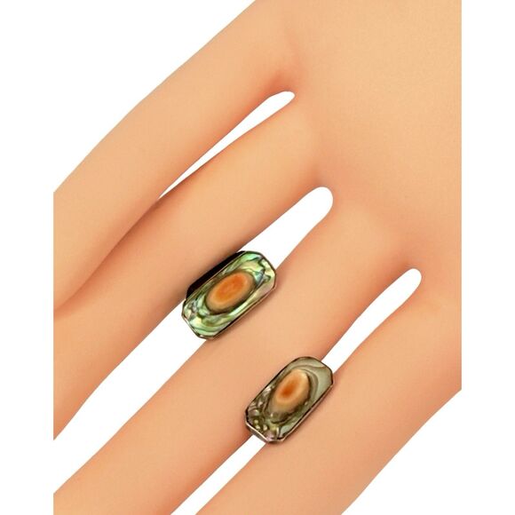 Antique 925 Sterling Silver Men's Cufflinks Abalone Mother Of Pearl Rectangle - Picture 6 of 16